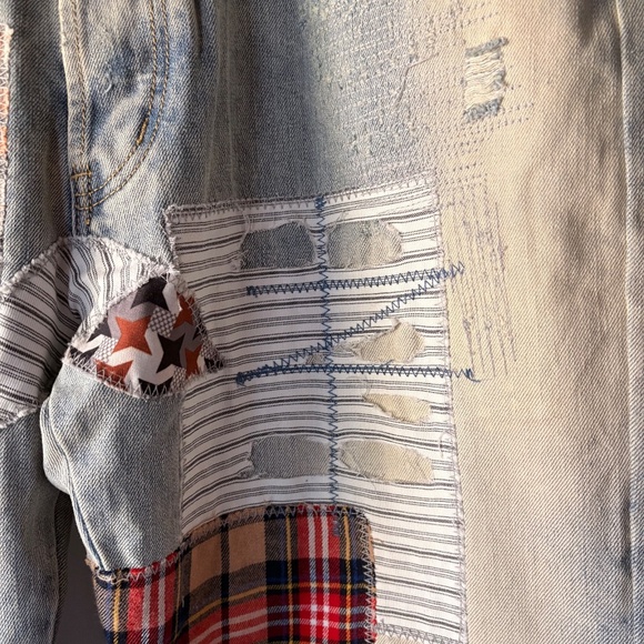 MNML Patchwork Denim Jeans Light Blue Wash Fabric Patches Button Fly Men's 36 - Picture 8 of 16